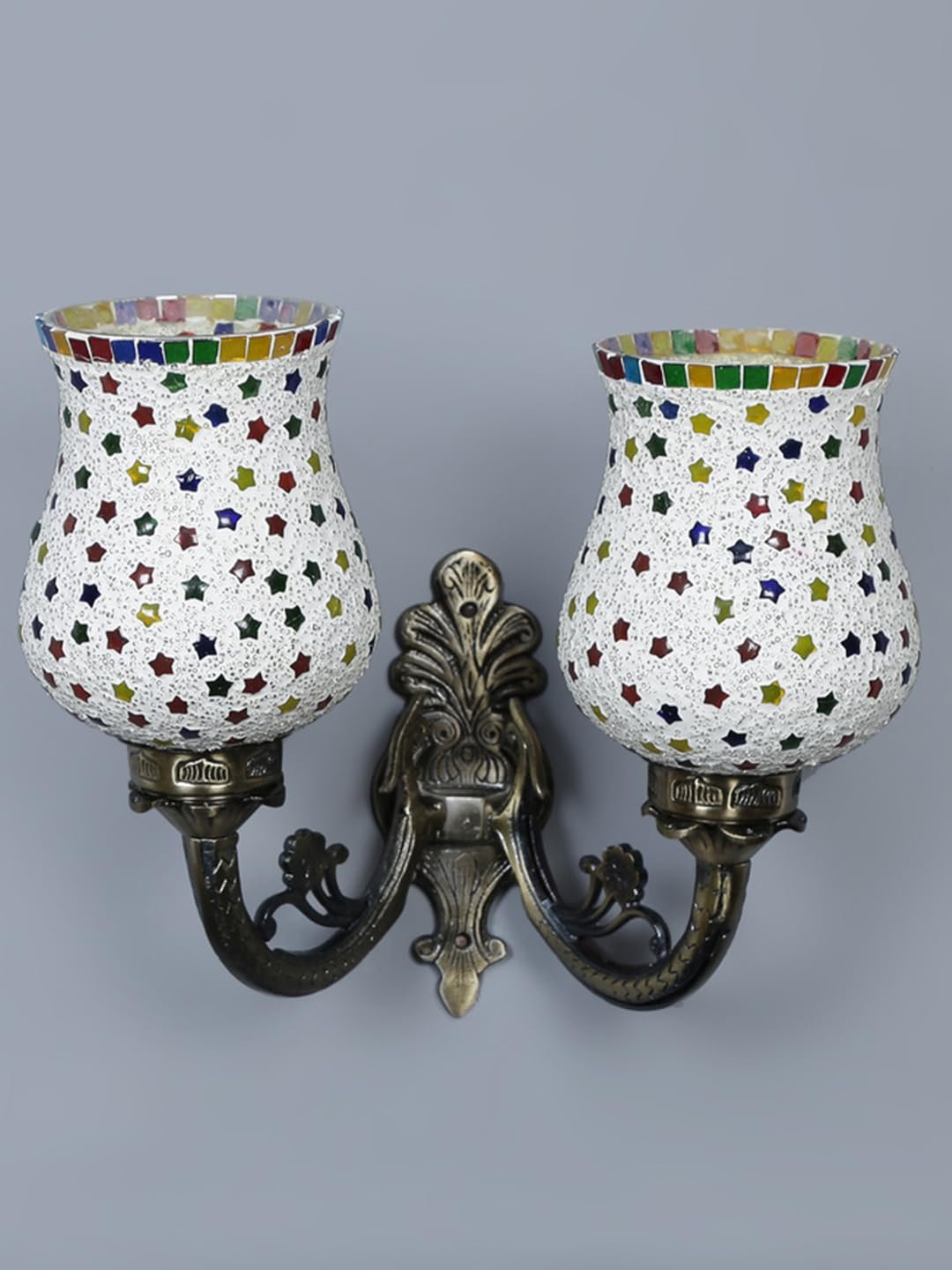 Antique Metal Double Wall Mounted Lamp with Multicolor Mosaic Glass -CZ (8.8x11x10) Inches
