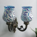 Antique Metal Double Wall Mounted Lamp with Multicolor Mosaic Glass -CM (8.8x11x10) Inches