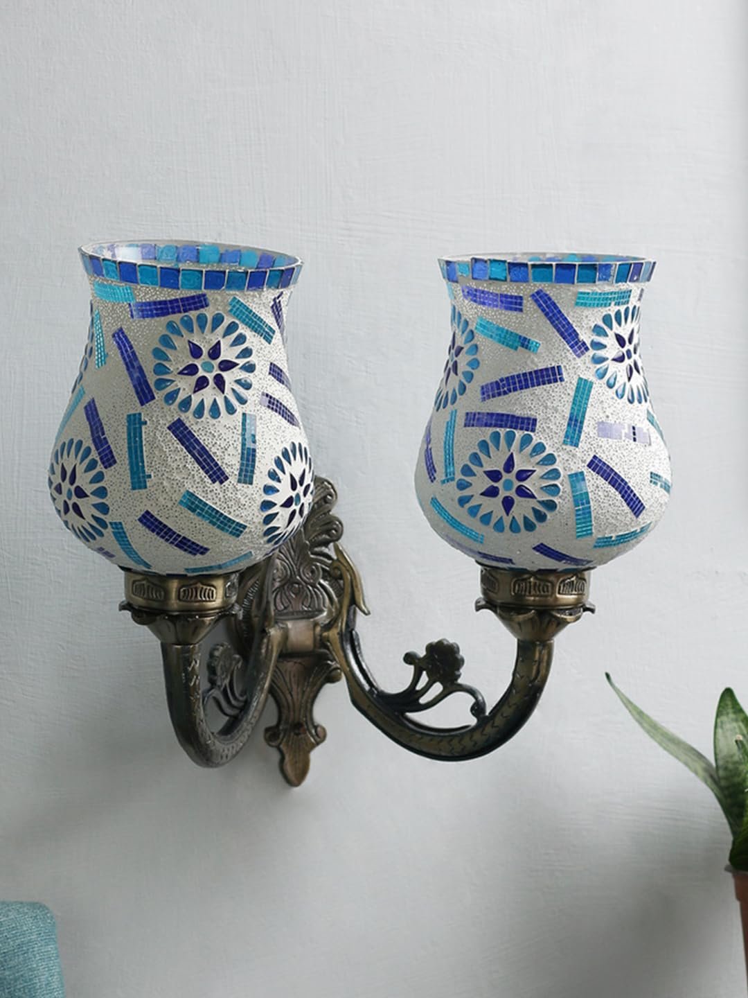 Antique Metal Double Wall Mounted Lamp with Multicolor Mosaic Glass -CM (8.8x11x10) Inches