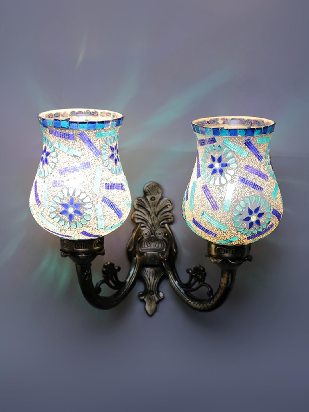 Antique Metal Double Wall Mounted Lamp with Multicolor Mosaic Glass -CM (8.8x11x10) Inches
