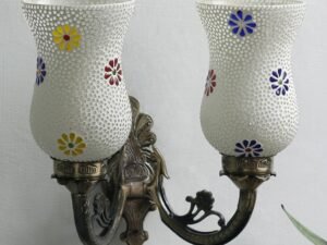 Antique Metal Double Wall Mounted Lamp with Multicolor Mosaic Glass -CQ (8.8x11x10) Inches