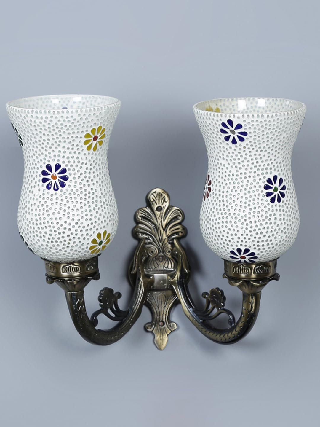Antique Metal Double Wall Mounted Lamp with Multicolor Mosaic Glass -CQ (8.8x11x10) Inches