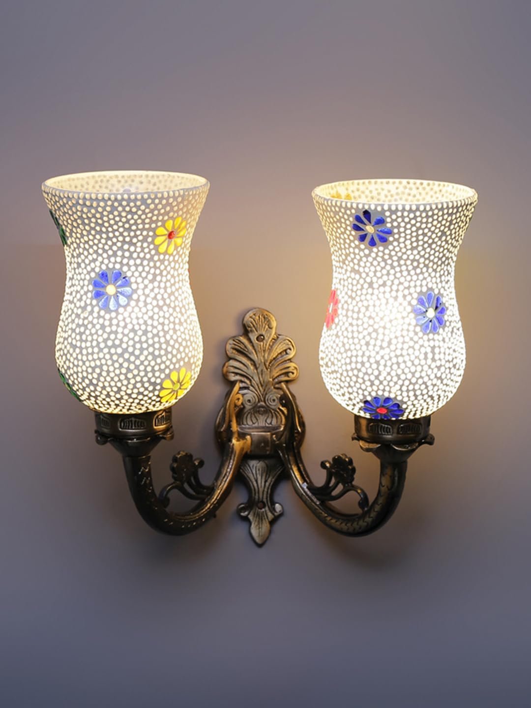 Antique Metal Double Wall Mounted Lamp with Multicolor Mosaic Glass -CQ (8.8x11x10) Inches