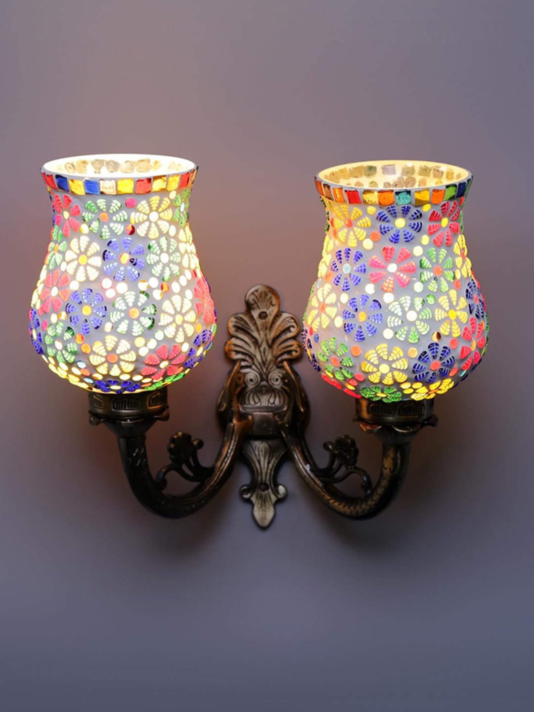 Antique Metal Double Wall Mounted Lamp with Multicolor Mosaic Glass -CY (8.8x11x10) Inches