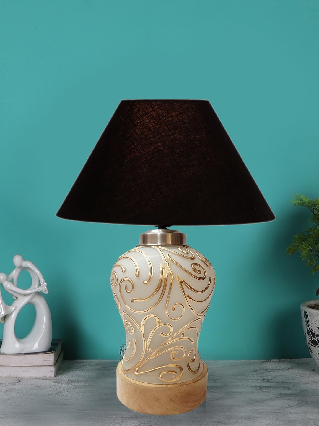 Conical Black Cotton Shade Lamp with Wood & Mosaic Glass Base for Decoration/Office/Home/Gifting/Study for Decoration/Office/Home/Gifting/Study -(10x10x14.5) Inches -B