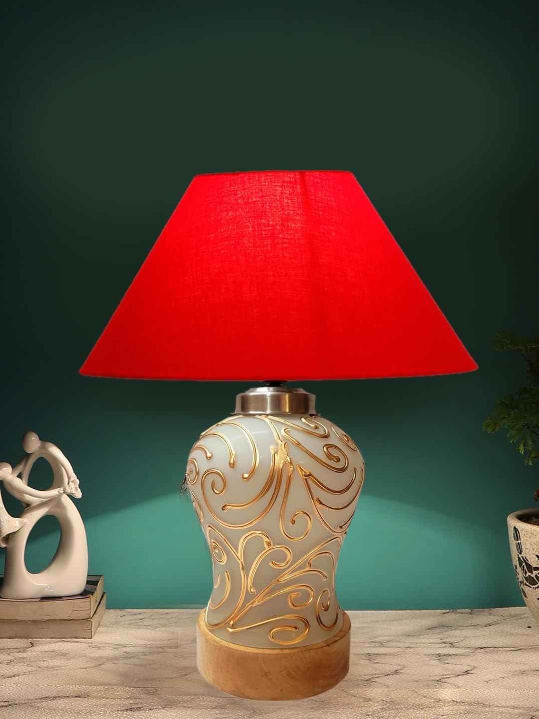 Conical Red Cotton Shade Lamp with Wood & MosaicGlass Base for Decoration/Office/Home/Gifting/Study for Decoration/Office/Home/Gifting/Study -(10x10x14.5) Inches -C