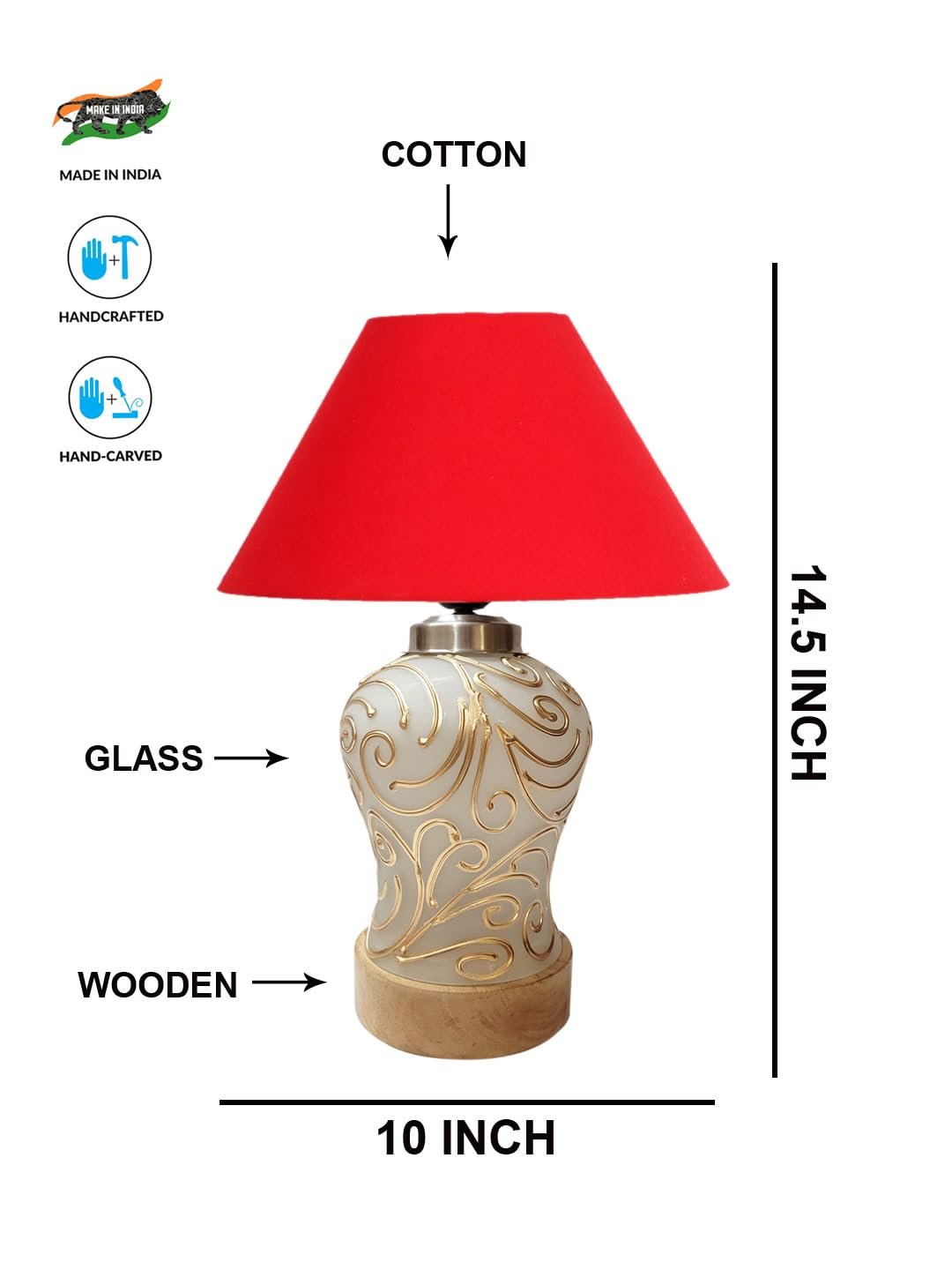 Conical Red Cotton Shade Lamp with Wood & MosaicGlass Base for Decoration/Office/Home/Gifting/Study for Decoration/Office/Home/Gifting/Study -(10x10x14.5) Inches -C