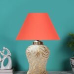 Conical Orange Cotton Shade Lamp with Wood & Mosaic Glass Base for Decoration/Office/Home/Gifting/Study for Decoration/Office/Home/Gifting/Study -(10x10x14.5) Inches -D