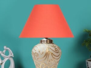 Conical Orange Cotton Shade Lamp with Wood & Mosaic Glass Base for Decoration/Office/Home/Gifting/Study for Decoration/Office/Home/Gifting/Study -(10x10x14.5) Inches -D
