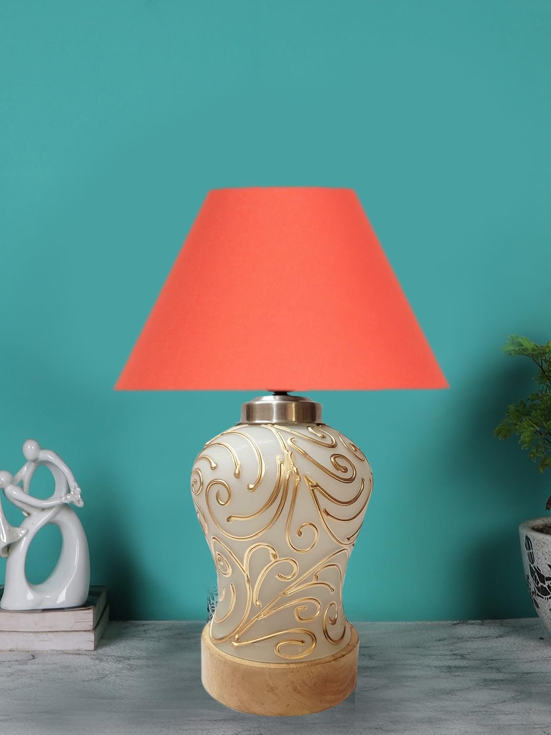 Conical Orange Cotton Shade Lamp with Wood & Mosaic Glass Base for Decoration/Office/Home/Gifting/Study for Decoration/Office/Home/Gifting/Study -(10x10x14.5) Inches -D