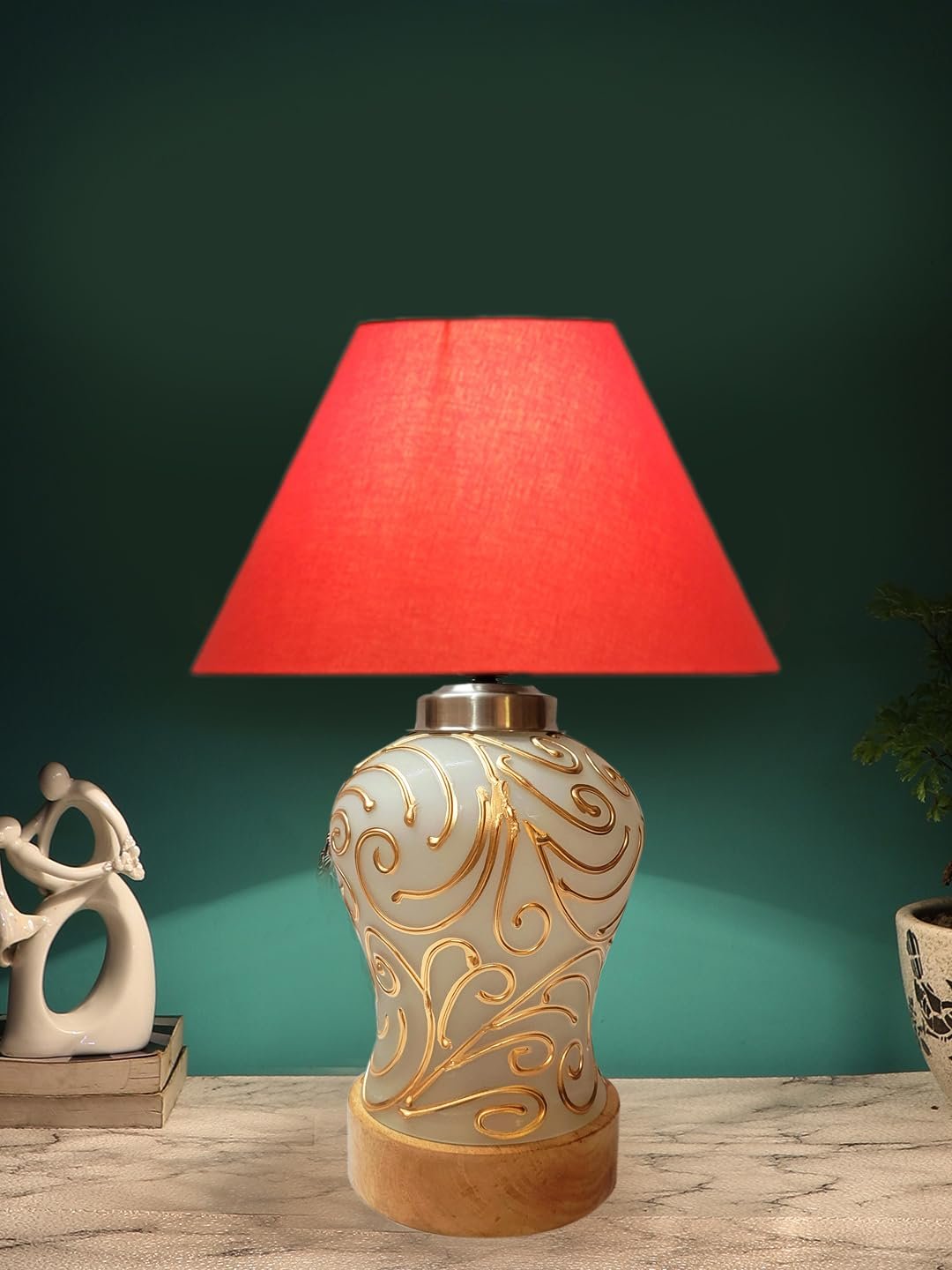 Conical Orange Cotton Shade Lamp with Wood & Mosaic Glass Base for Decoration/Office/Home/Gifting/Study for Decoration/Office/Home/Gifting/Study -(10x10x14.5) Inches -D