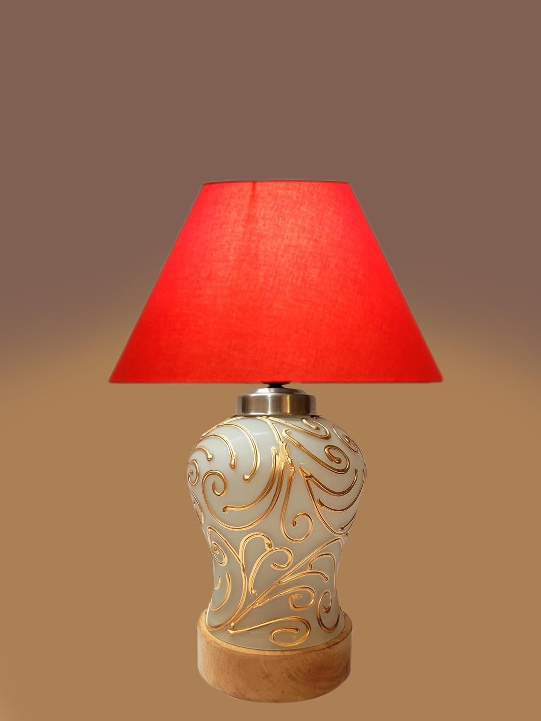 Conical Orange Cotton Shade Lamp with Wood & Mosaic Glass Base for Decoration/Office/Home/Gifting/Study for Decoration/Office/Home/Gifting/Study -(10x10x14.5) Inches -D