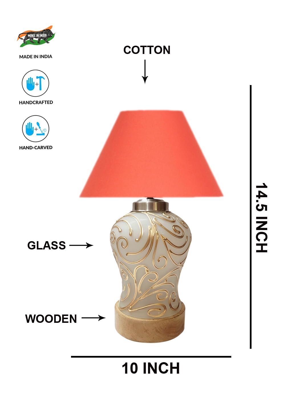 Conical Orange Cotton Shade Lamp with Wood & Mosaic Glass Base for Decoration/Office/Home/Gifting/Study for Decoration/Office/Home/Gifting/Study -(10x10x14.5) Inches -D