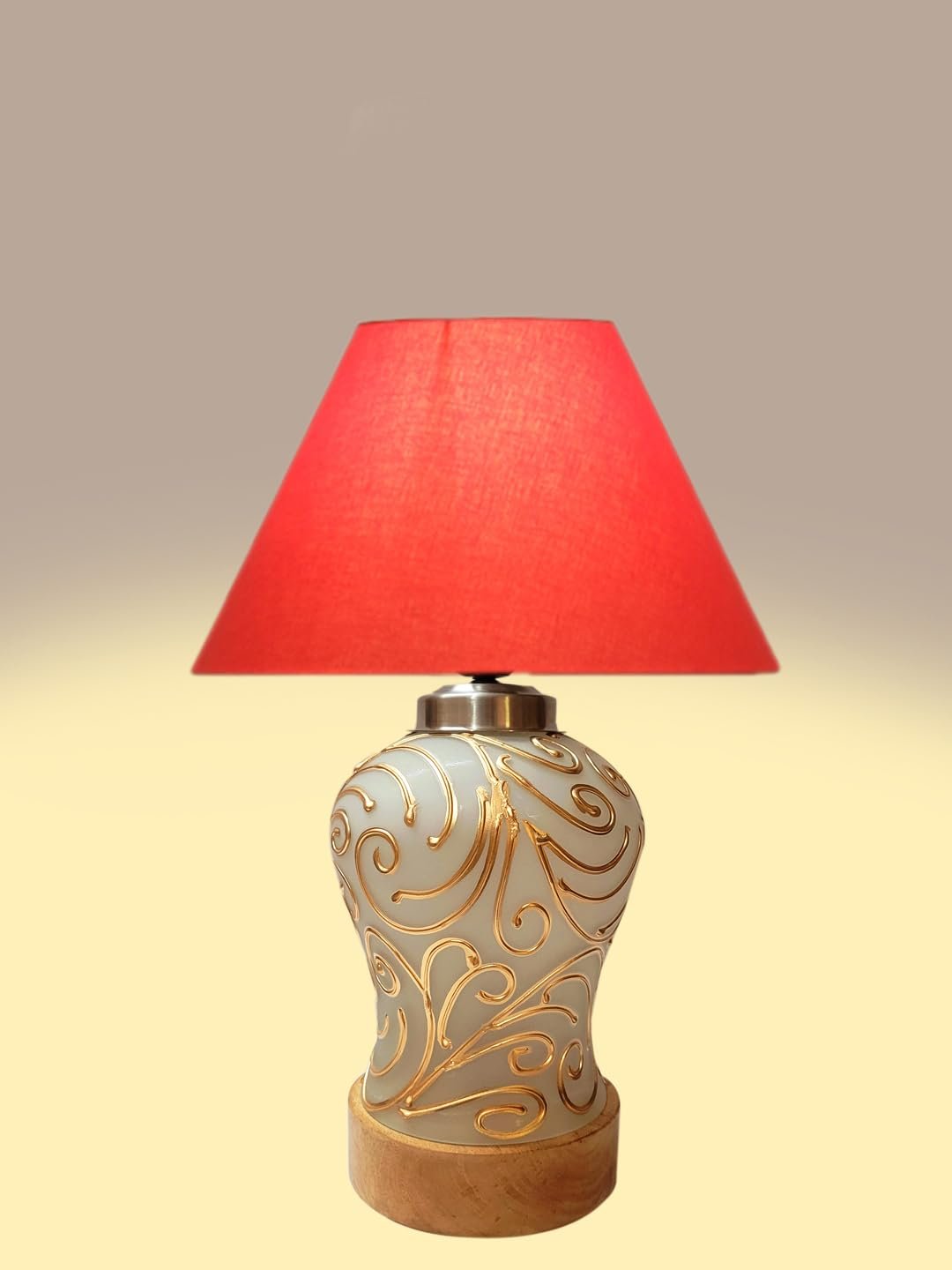 Conical Orange Cotton Shade Lamp with Wood & Mosaic Glass Base for Decoration/Office/Home/Gifting/Study for Decoration/Office/Home/Gifting/Study -(10x10x14.5) Inches -D