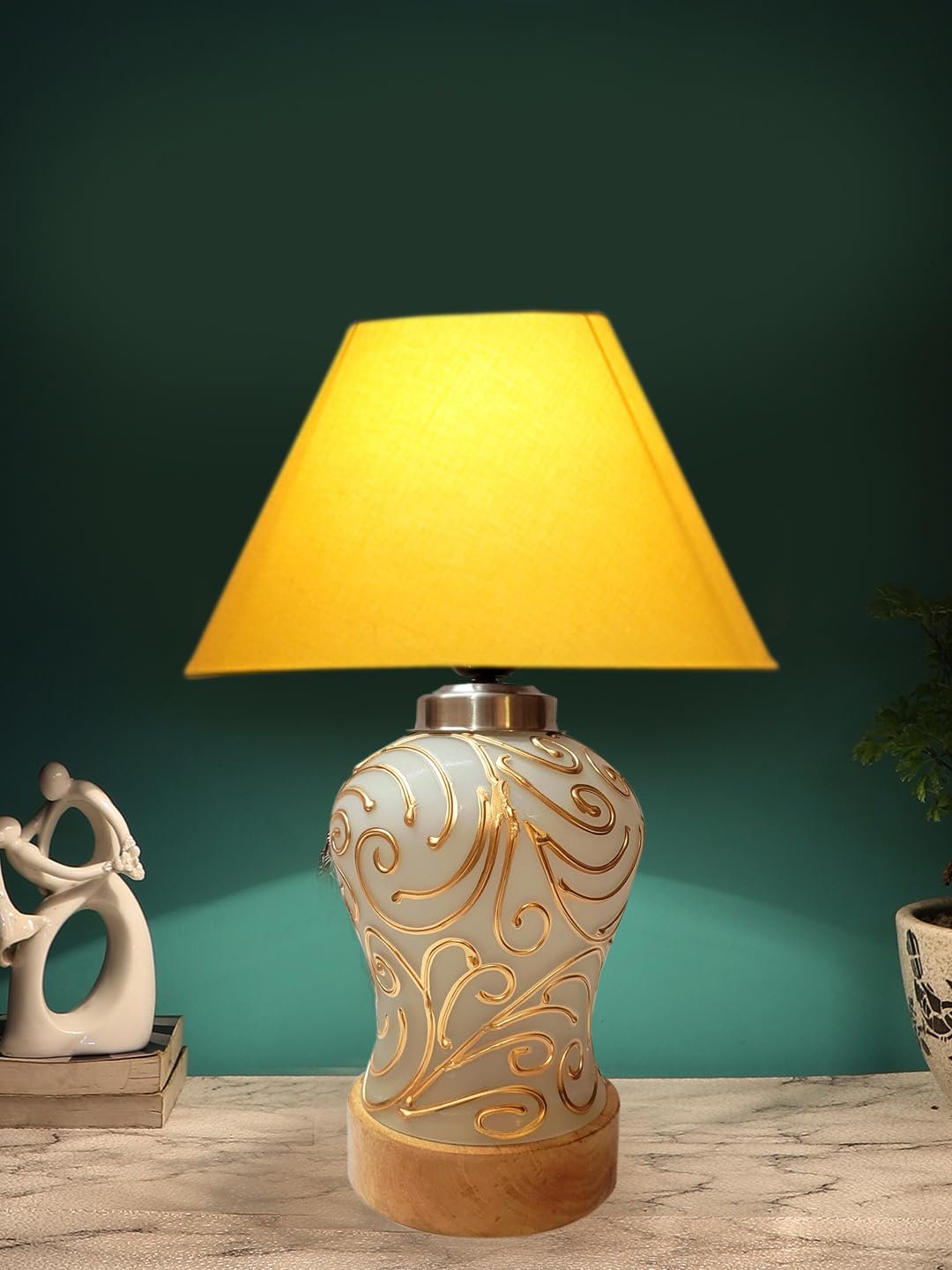 Conical Yellow Cotton Shade Lamp with Wood & Mosaic Glass Base for Decoration/Office/Home/Gifting/Study for Decoration/Office/Home/Gifting/Study -(10x10x14.5) Inches -E