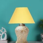 Conical Yellow Cotton Shade Lamp with Wood & Mosaic Glass Base for Decoration/Office/Home/Gifting/Study for Decoration/Office/Home/Gifting/Study -(10x10x14.5) Inches -E