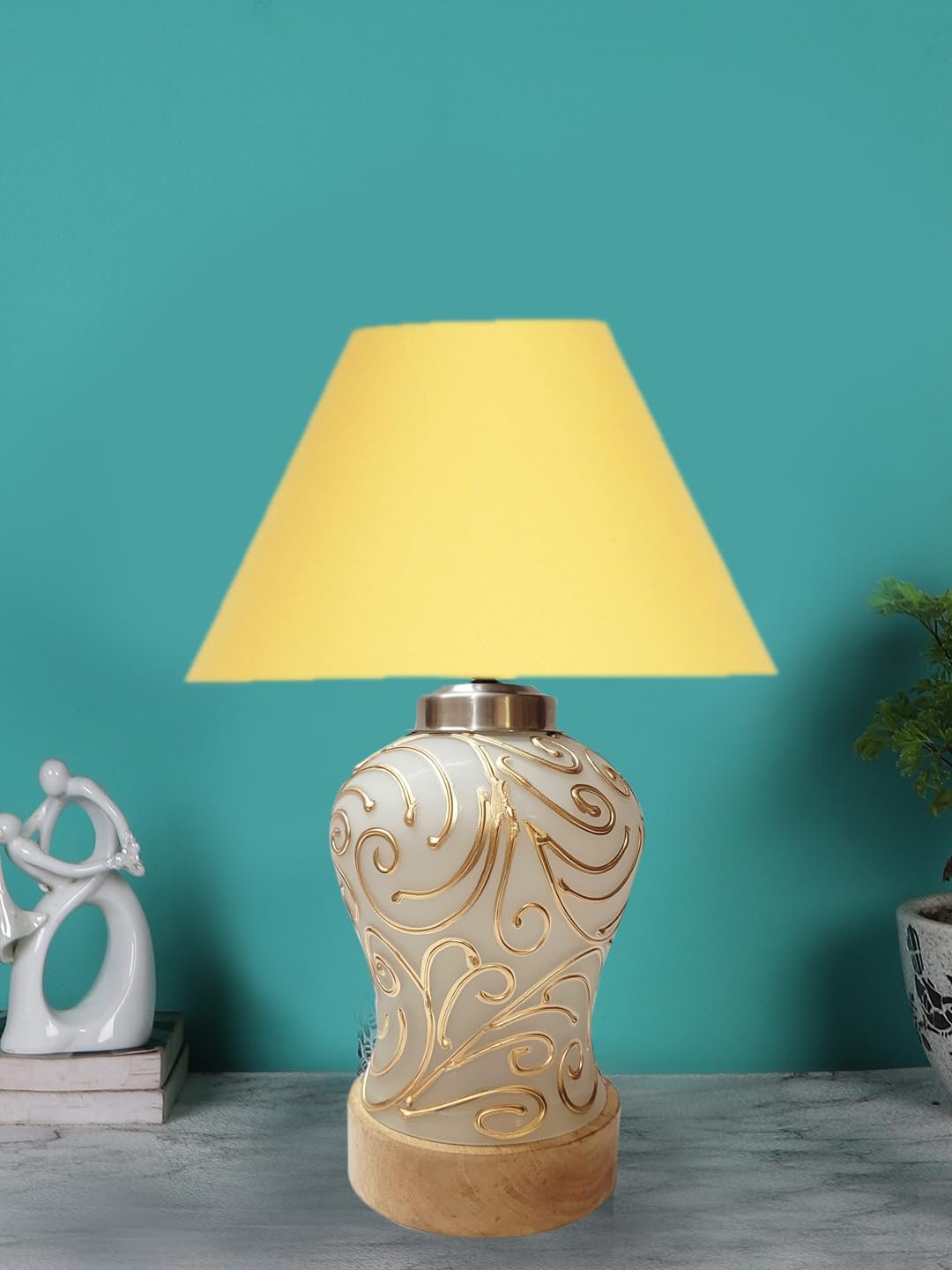 Conical Yellow Cotton Shade Lamp with Wood & Mosaic Glass Base for Decoration/Office/Home/Gifting/Study for Decoration/Office/Home/Gifting/Study -(10x10x14.5) Inches -E