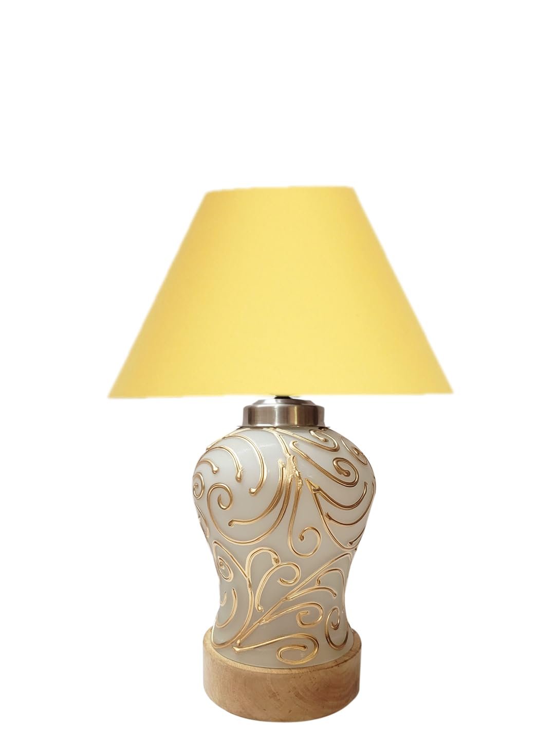 Conical Yellow Cotton Shade Lamp with Wood & Mosaic Glass Base for Decoration/Office/Home/Gifting/Study for Decoration/Office/Home/Gifting/Study -(10x10x14.5) Inches -E