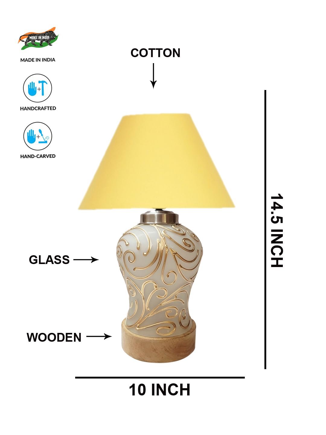 Conical Yellow Cotton Shade Lamp with Wood & Mosaic Glass Base for Decoration/Office/Home/Gifting/Study for Decoration/Office/Home/Gifting/Study -(10x10x14.5) Inches -E