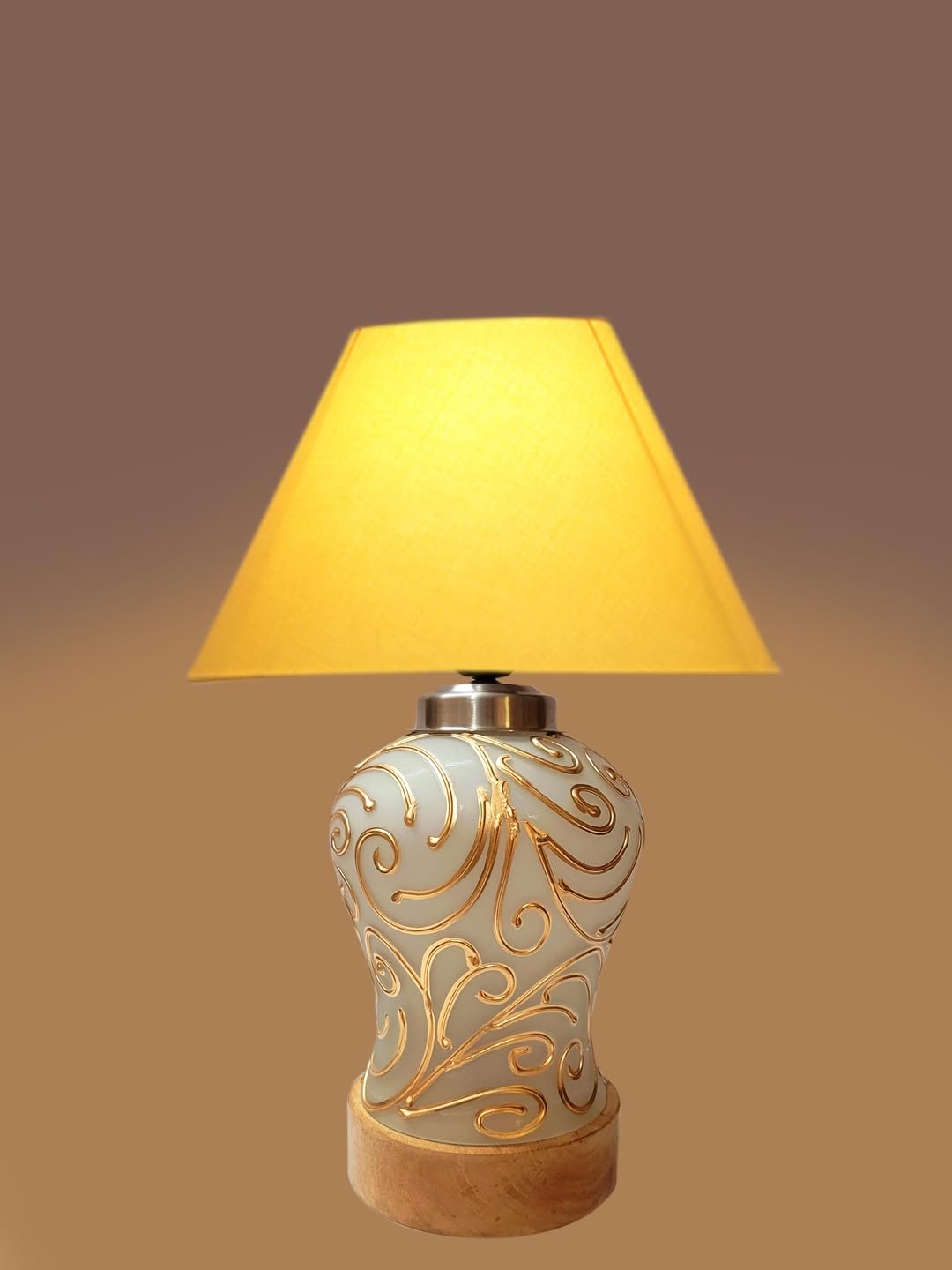 Conical Yellow Cotton Shade Lamp with Wood & Mosaic Glass Base for Decoration/Office/Home/Gifting/Study for Decoration/Office/Home/Gifting/Study -(10x10x14.5) Inches -E