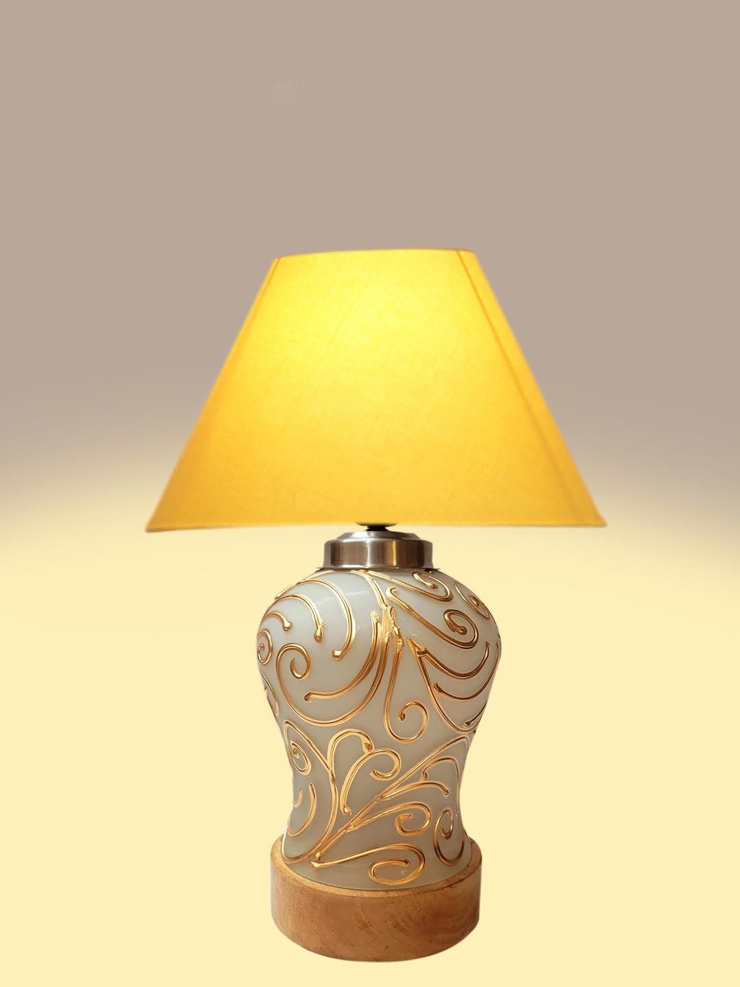Conical Yellow Cotton Shade Lamp with Wood & Mosaic Glass Base for Decoration/Office/Home/Gifting/Study for Decoration/Office/Home/Gifting/Study -(10x10x14.5) Inches -E