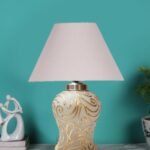 Conical Grey Cotton Shade Lamp with Wood & MosaicGlass Base for Decoration/Office/Home/Gifting/Study for Decoration/Office/Home/Gifting/Study -(10x10x14.5) Inches -F