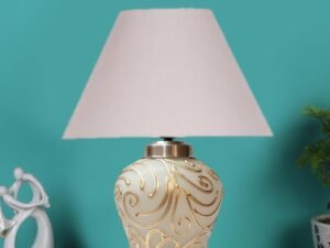 Conical Grey Cotton Shade Lamp with Wood & MosaicGlass Base for Decoration/Office/Home/Gifting/Study for Decoration/Office/Home/Gifting/Study -(10x10x14.5) Inches -F