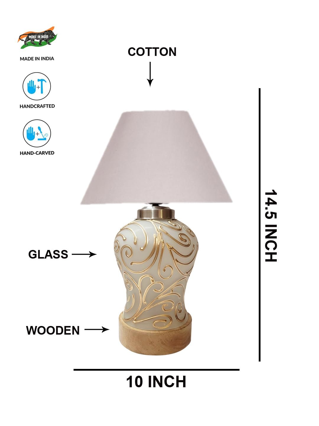 Conical Grey Cotton Shade Lamp with Wood & MosaicGlass Base for Decoration/Office/Home/Gifting/Study for Decoration/Office/Home/Gifting/Study -(10x10x14.5) Inches -F