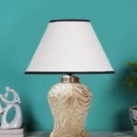Conical White & Black Cotton Shade Lamp with Wood & MosaicGlass Base for Decoration/Office/Home/Gifting/Study for Decoration/Office/Home/Gifting/Study -(10x10x14.5) Inches -G