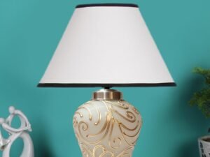Conical White & Black Cotton Shade Lamp with Wood & MosaicGlass Base for Decoration/Office/Home/Gifting/Study for Decoration/Office/Home/Gifting/Study -(10x10x14.5) Inches -G