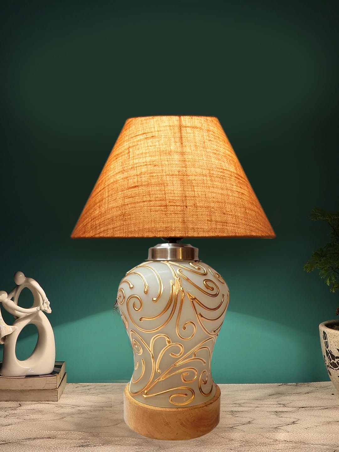Conical Beige Jute Shade Lamp with Wood & MosaicGlass Base for Decoration/Office/Home/Gifting/Study for Decoration/Office/Home/Gifting/Study -(10x10x14.5) Inches -H