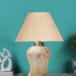 Conical Beige Jute Shade Lamp with Wood & MosaicGlass Base for Decoration/Office/Home/Gifting/Study for Decoration/Office/Home/Gifting/Study -(10x10x14.5) Inches -H