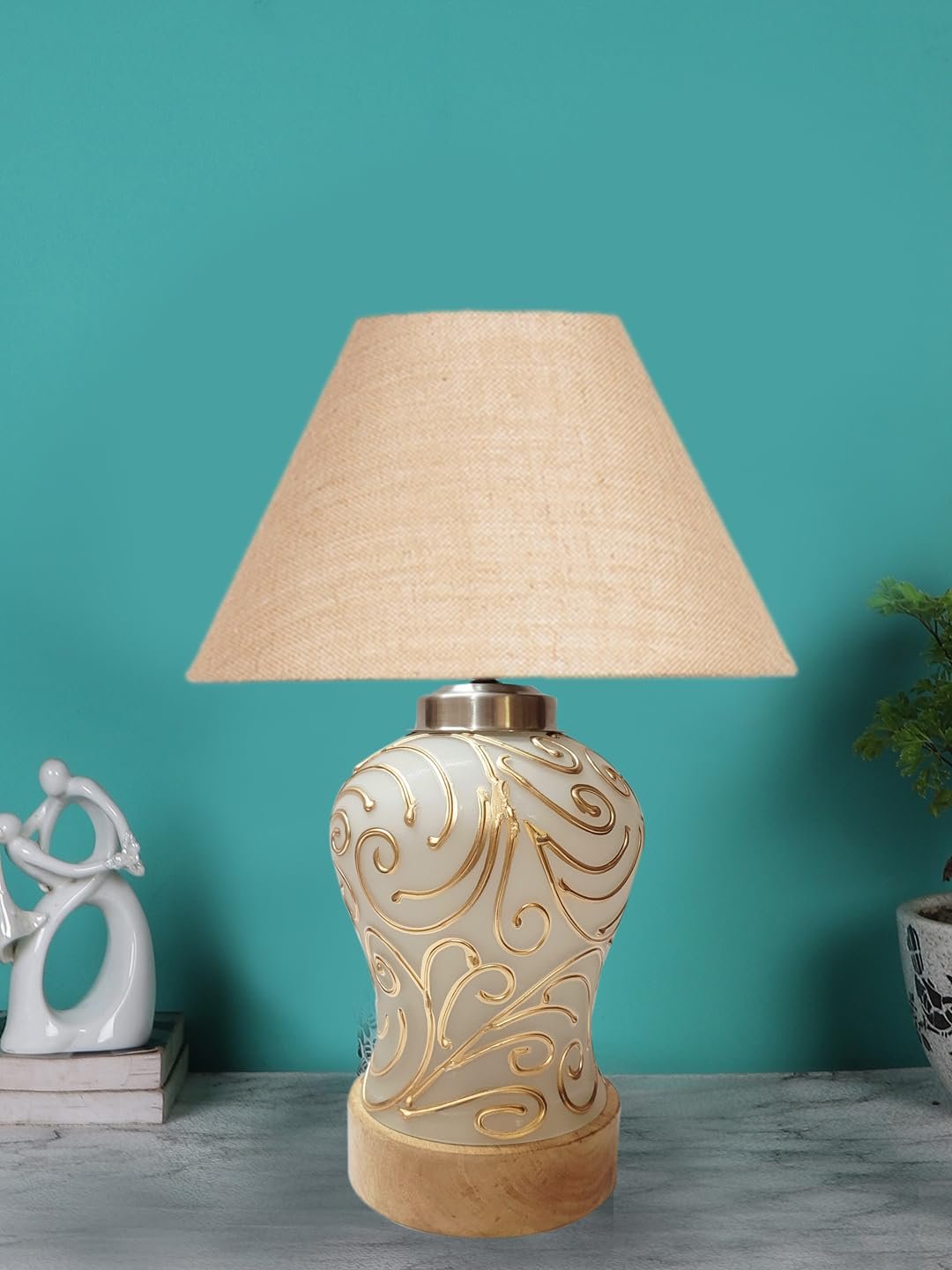 Conical Beige Jute Shade Lamp with Wood & MosaicGlass Base for Decoration/Office/Home/Gifting/Study for Decoration/Office/Home/Gifting/Study -(10x10x14.5) Inches -H
