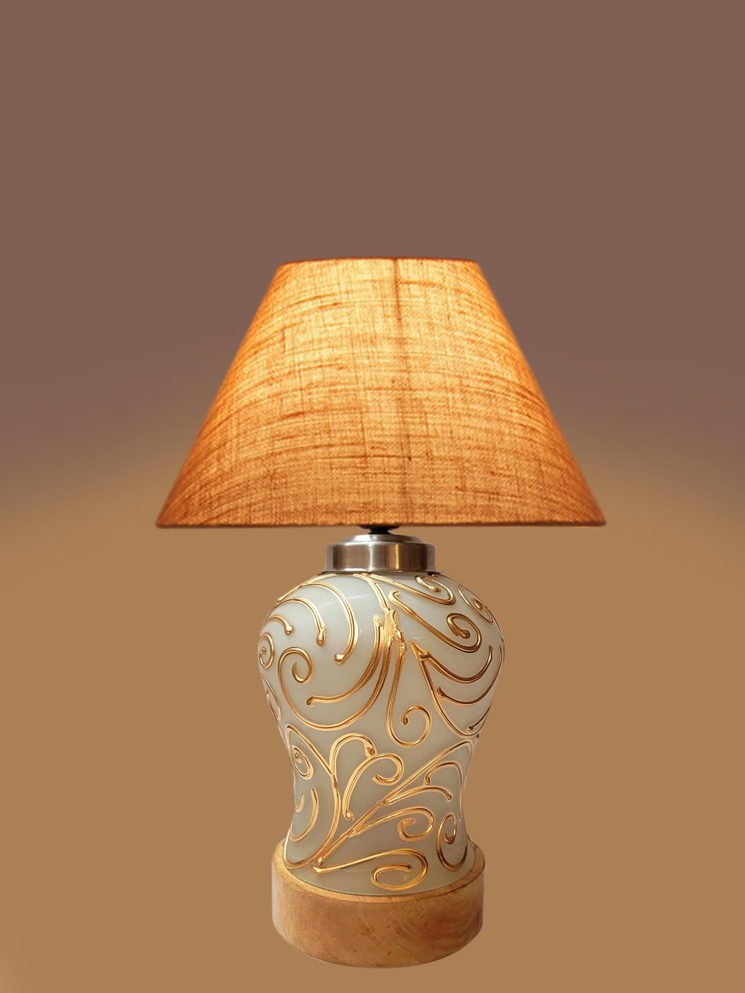 Conical Beige Jute Shade Lamp with Wood & MosaicGlass Base for Decoration/Office/Home/Gifting/Study for Decoration/Office/Home/Gifting/Study -(10x10x14.5) Inches -H