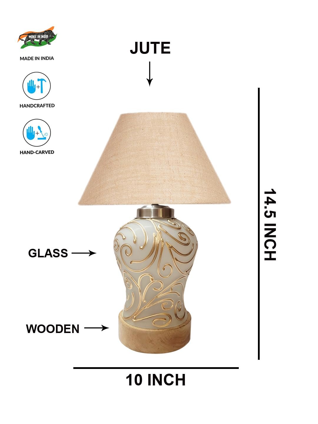 Conical Beige Jute Shade Lamp with Wood & MosaicGlass Base for Decoration/Office/Home/Gifting/Study for Decoration/Office/Home/Gifting/Study -(10x10x14.5) Inches -H