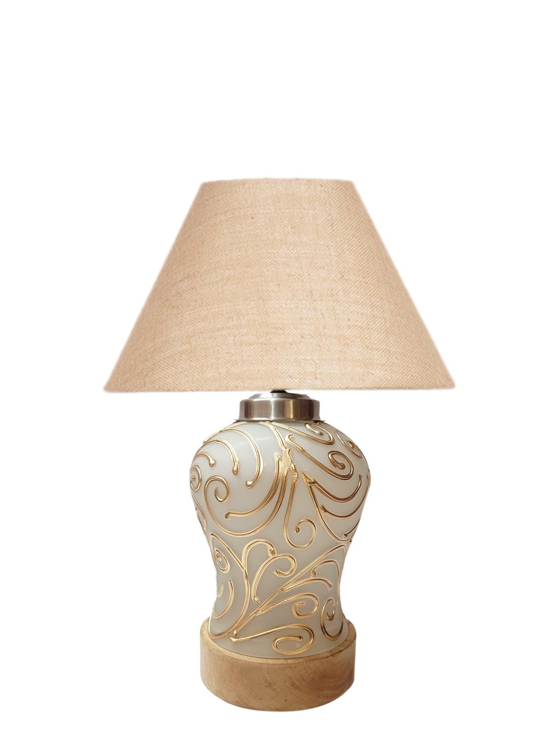 Conical Beige Jute Shade Lamp with Wood & MosaicGlass Base for Decoration/Office/Home/Gifting/Study for Decoration/Office/Home/Gifting/Study -(10x10x14.5) Inches -H