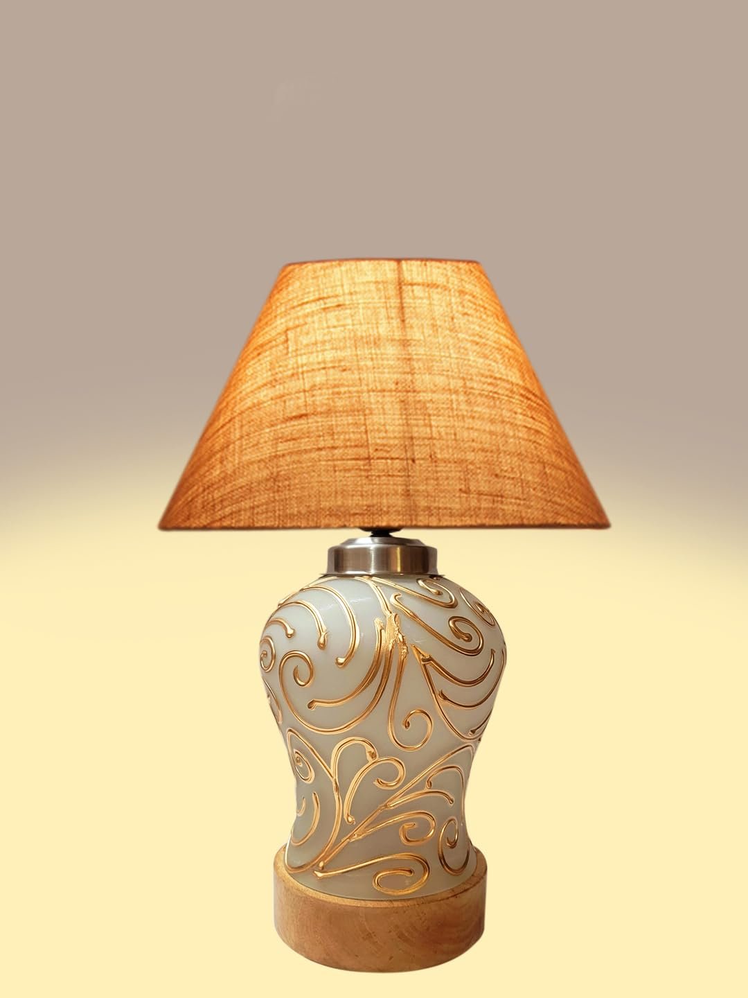Conical Beige Jute Shade Lamp with Wood & MosaicGlass Base for Decoration/Office/Home/Gifting/Study for Decoration/Office/Home/Gifting/Study -(10x10x14.5) Inches -H