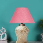 Conical Pink Jute Shade Lamp with Wood & MosaicGlass Base for Decoration/Office/Home/Gifting/Study for Decoration/Office/Home/Gifting/Study -(10x10x14.5) Inches -I