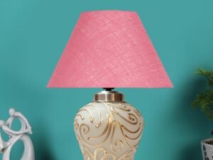Conical Pink Jute Shade Lamp with Wood & MosaicGlass Base for Decoration/Office/Home/Gifting/Study for Decoration/Office/Home/Gifting/Study -(10x10x14.5) Inches -I