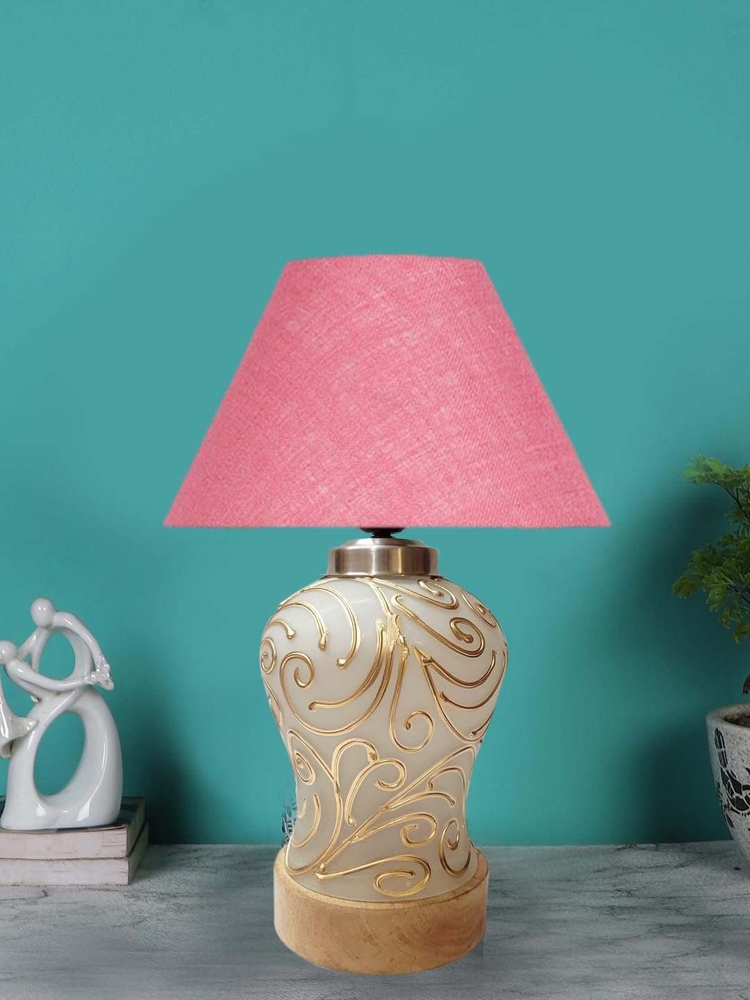 Conical Pink Jute Shade Lamp with Wood & MosaicGlass Base for Decoration/Office/Home/Gifting/Study for Decoration/Office/Home/Gifting/Study -(10x10x14.5) Inches -I