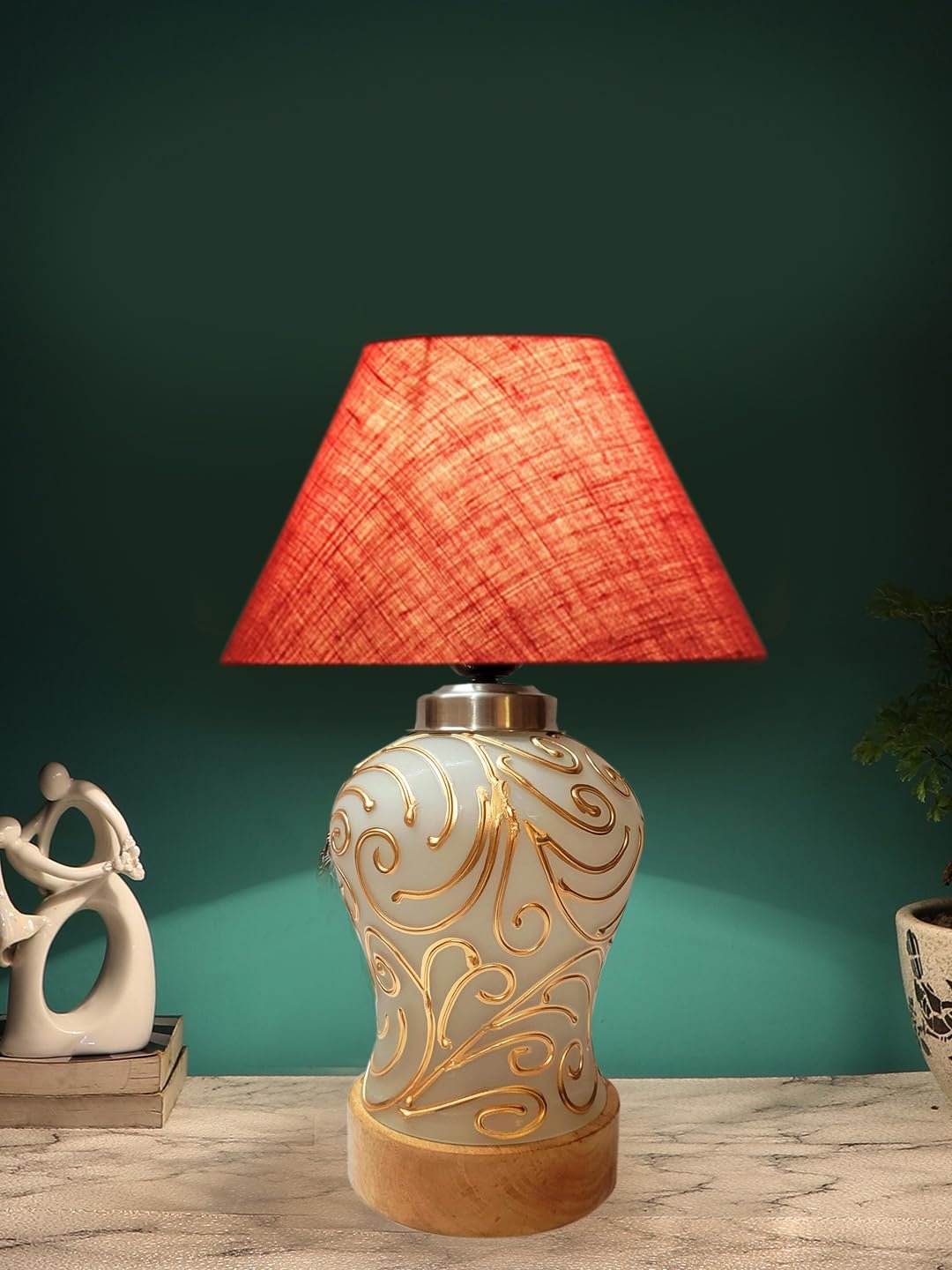 Conical Pink Jute Shade Lamp with Wood & MosaicGlass Base for Decoration/Office/Home/Gifting/Study for Decoration/Office/Home/Gifting/Study -(10x10x14.5) Inches -I