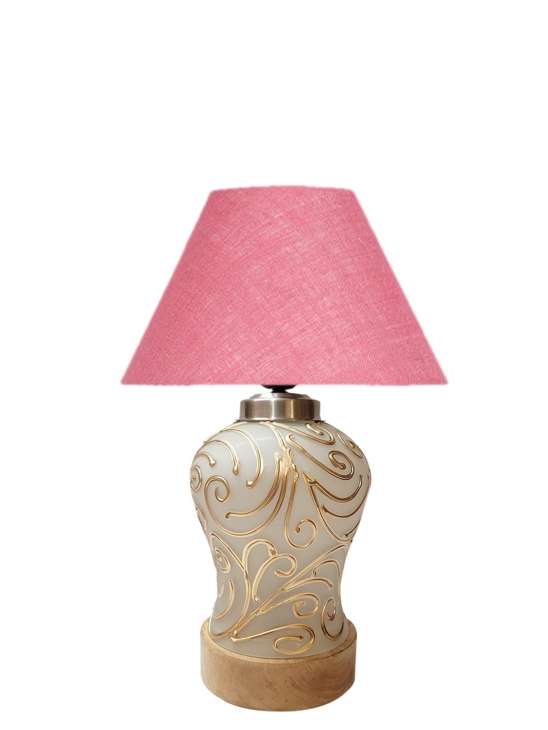Conical Pink Jute Shade Lamp with Wood & MosaicGlass Base for Decoration/Office/Home/Gifting/Study for Decoration/Office/Home/Gifting/Study -(10x10x14.5) Inches -I