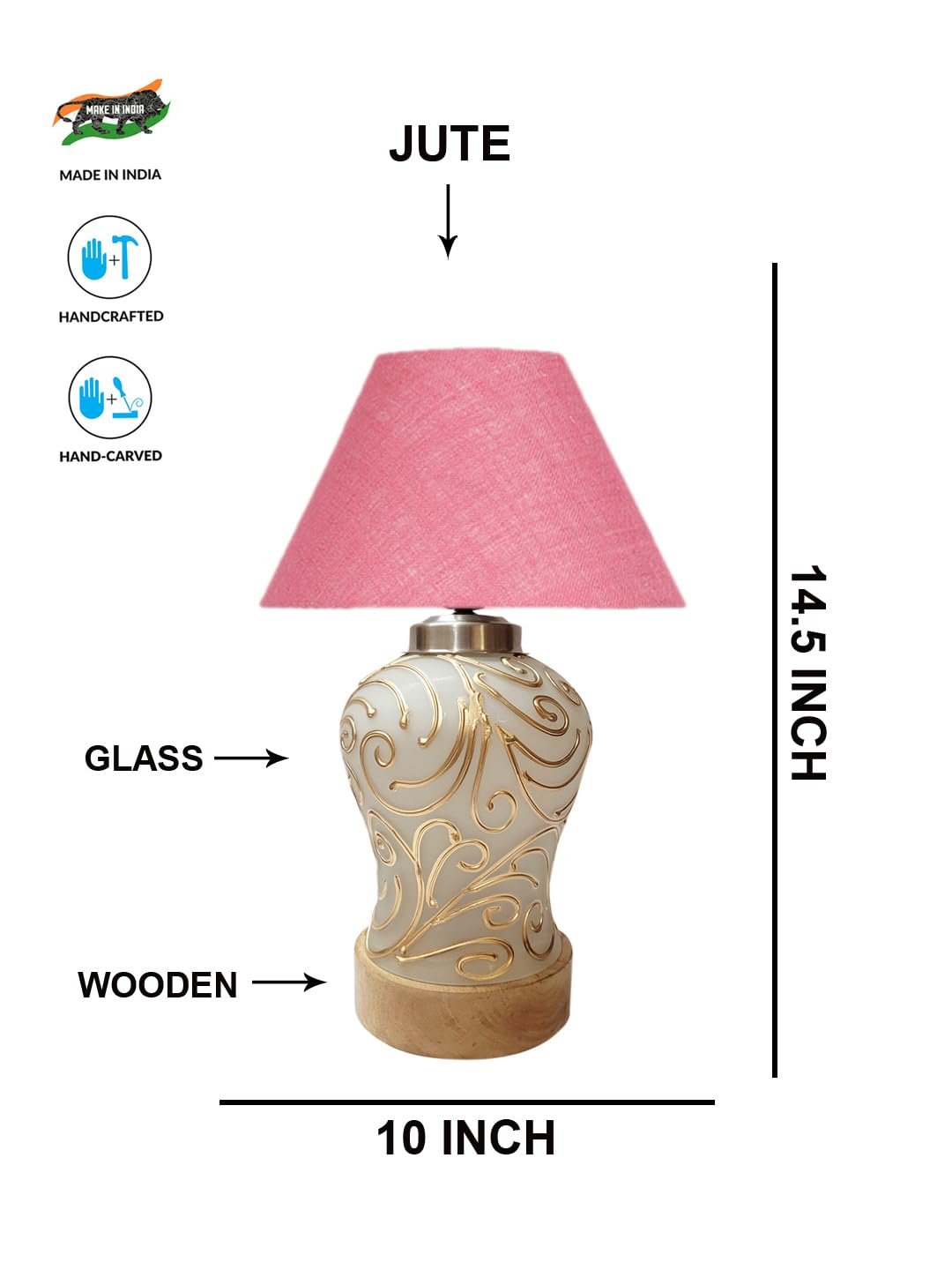 Conical Pink Jute Shade Lamp with Wood & MosaicGlass Base for Decoration/Office/Home/Gifting/Study for Decoration/Office/Home/Gifting/Study -(10x10x14.5) Inches -I