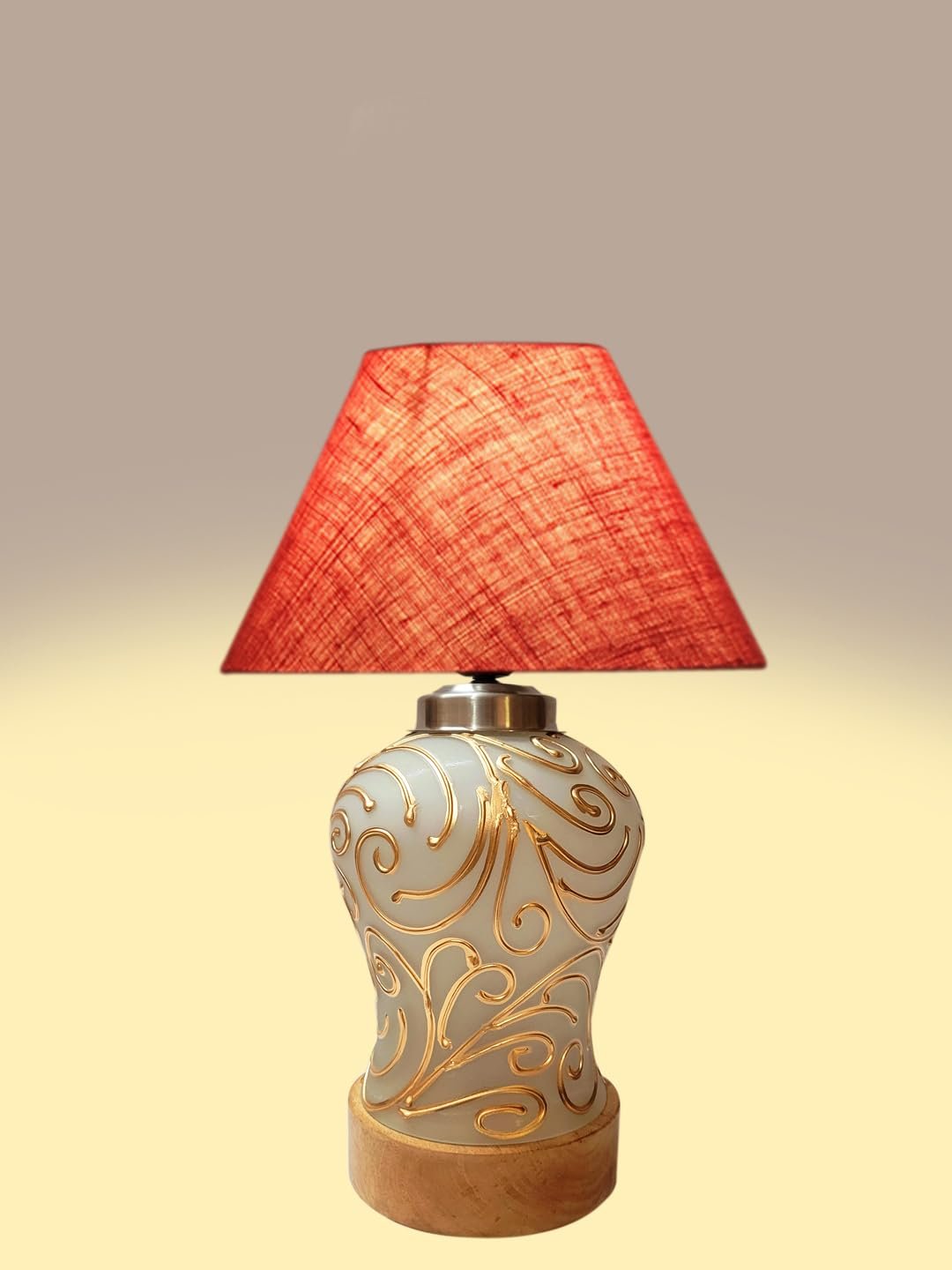 Conical Pink Jute Shade Lamp with Wood & MosaicGlass Base for Decoration/Office/Home/Gifting/Study for Decoration/Office/Home/Gifting/Study -(10x10x14.5) Inches -I