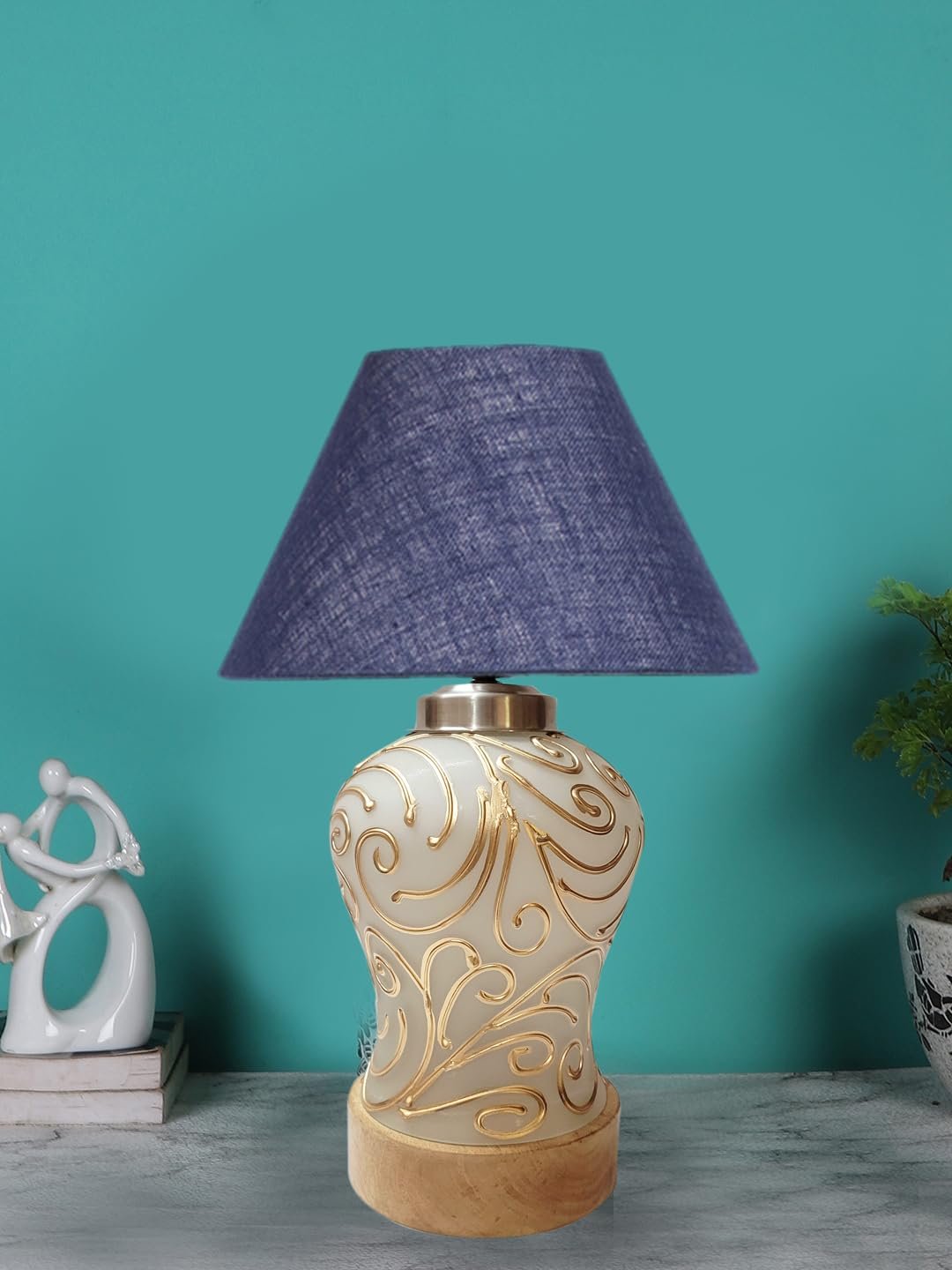 Conical Blue Jute Shade Lamp with Wood & Mosaic Glass Base for Decoration/Office/Home/Gifting/Study for Decoration/Office/Home/Gifting/Study -(10x10x14.5) Inches -K