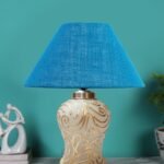 Conical Turquoise Jute Shade Lamp with Wood & Mosaic Glass Base for Decoration/Office/Home/Gifting/Study for Decoration/Office/Home/Gifting/Study -(10x10x14.5) Inches -J
