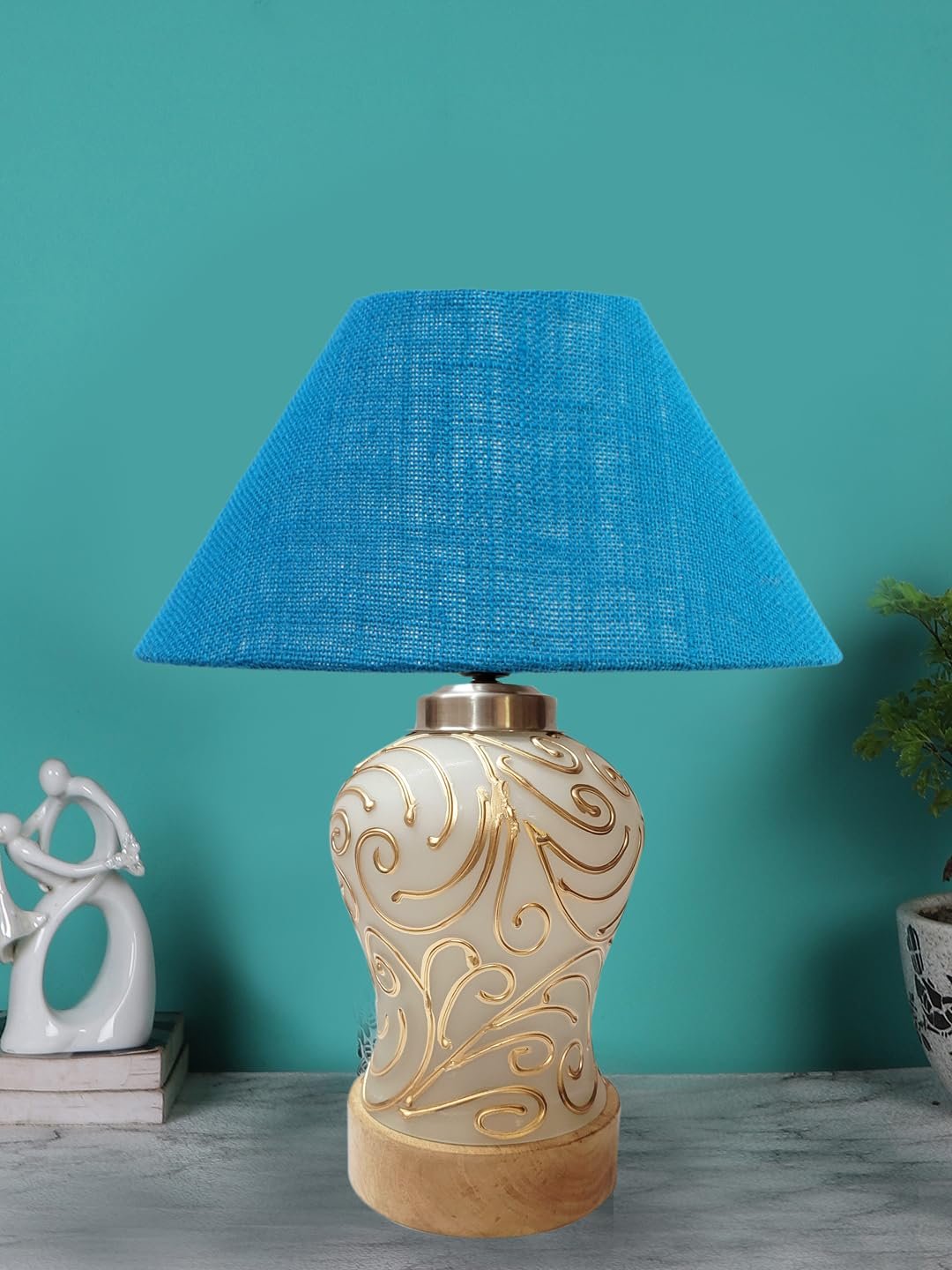 Conical Turquoise Jute Shade Lamp with Wood & Mosaic Glass Base for Decoration/Office/Home/Gifting/Study for Decoration/Office/Home/Gifting/Study -(10x10x14.5) Inches -J