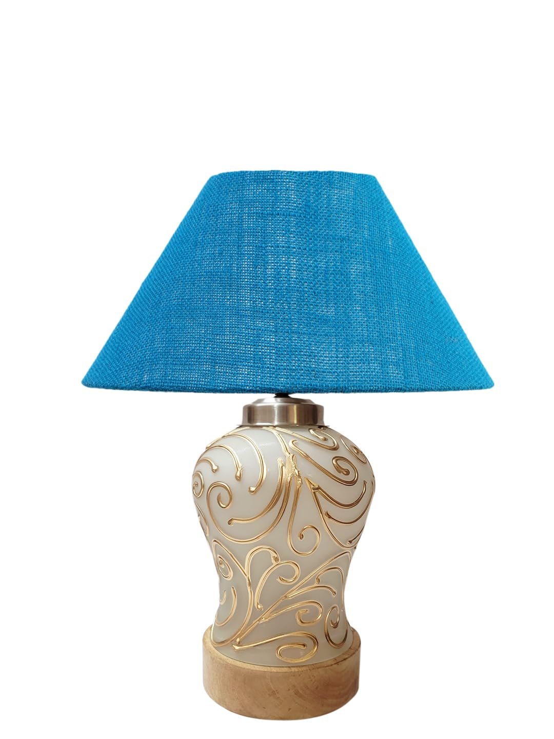 Conical Turquoise Jute Shade Lamp with Wood & Mosaic Glass Base for Decoration/Office/Home/Gifting/Study for Decoration/Office/Home/Gifting/Study -(10x10x14.5) Inches -J