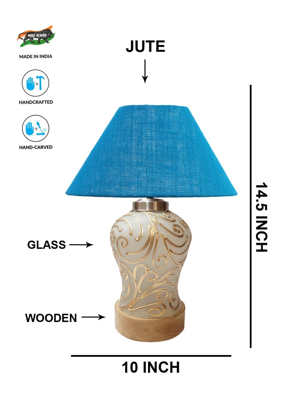 Conical Turquoise Jute Shade Lamp with Wood & Mosaic Glass Base for Decoration/Office/Home/Gifting/Study for Decoration/Office/Home/Gifting/Study -(10x10x14.5) Inches -J
