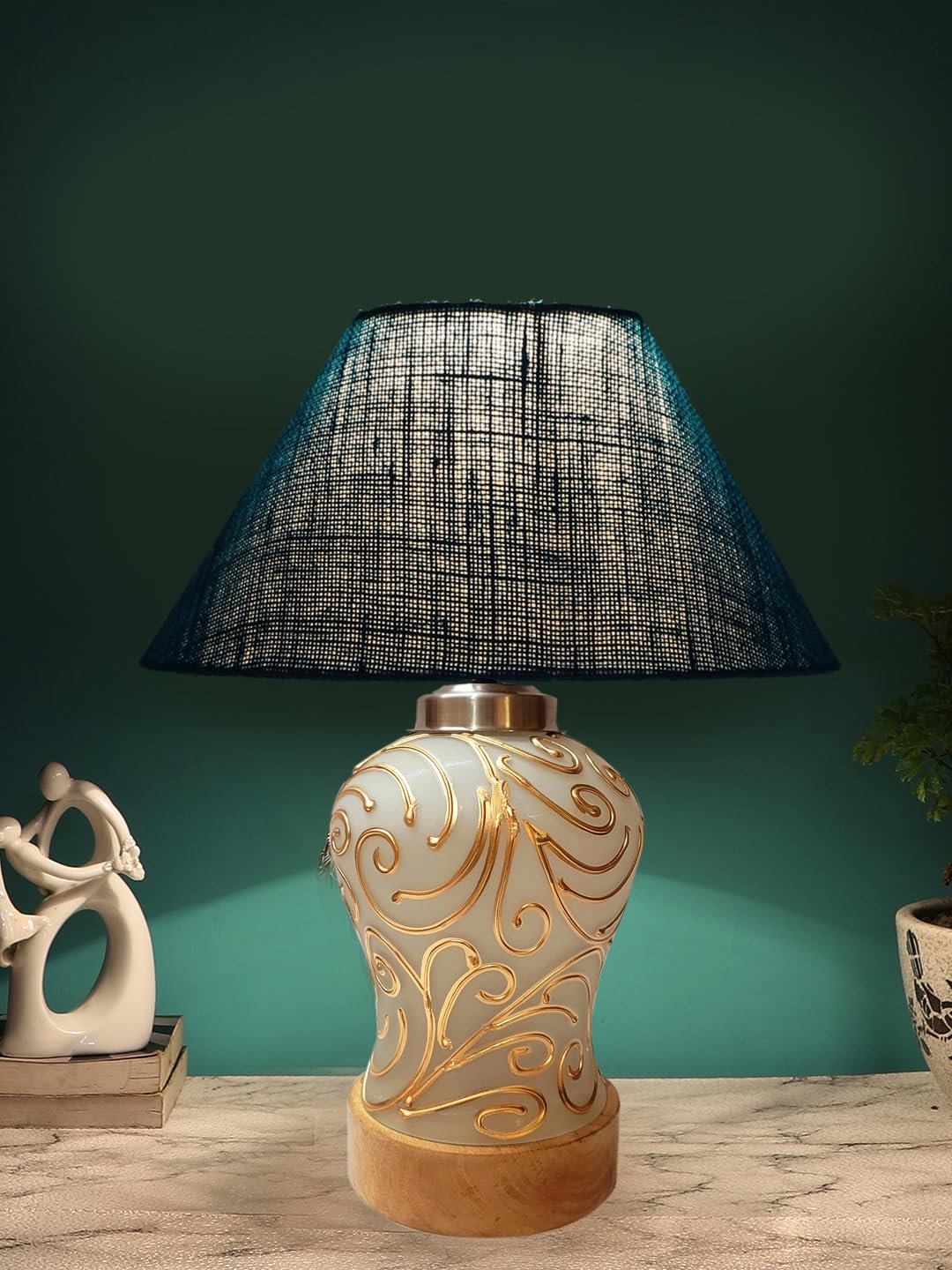 Conical Turquoise Jute Shade Lamp with Wood & Mosaic Glass Base for Decoration/Office/Home/Gifting/Study for Decoration/Office/Home/Gifting/Study -(10x10x14.5) Inches -J